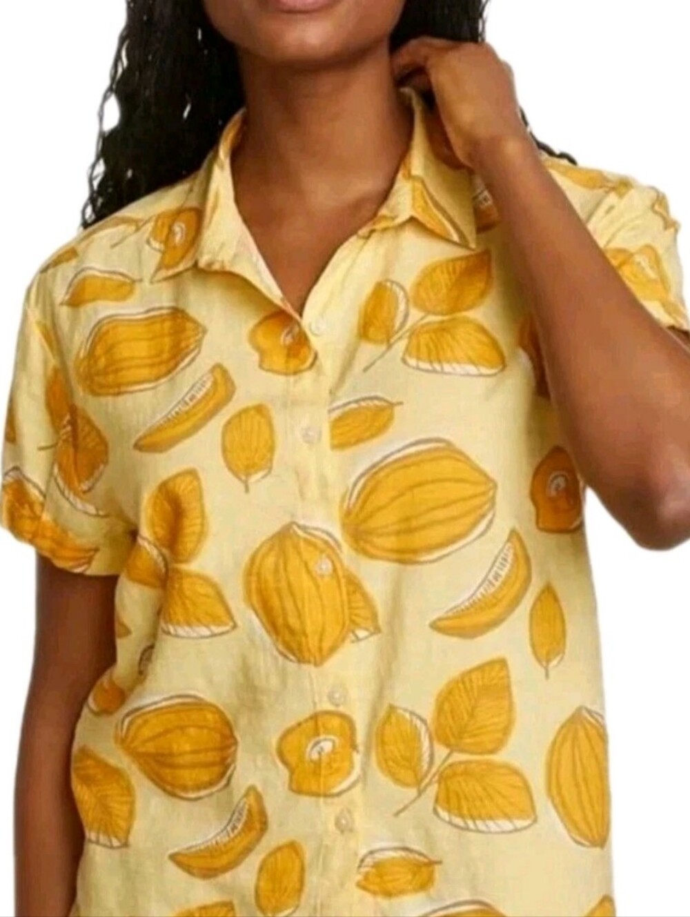 Eddie Bauer Baja Fruit Leaf Print Button Front Camp Shirt Yellow Plus Size 2XL
